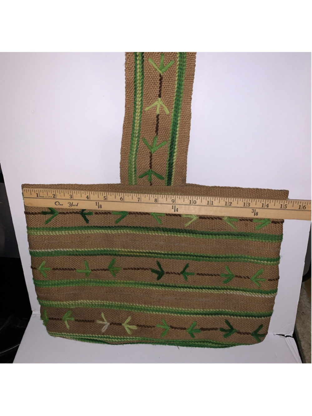 Vtg Boho Burlap Tote Elbow Bag Purse Yarn Hand-Embroidered 1960 70's Green Retro - Picture 3 of 14
